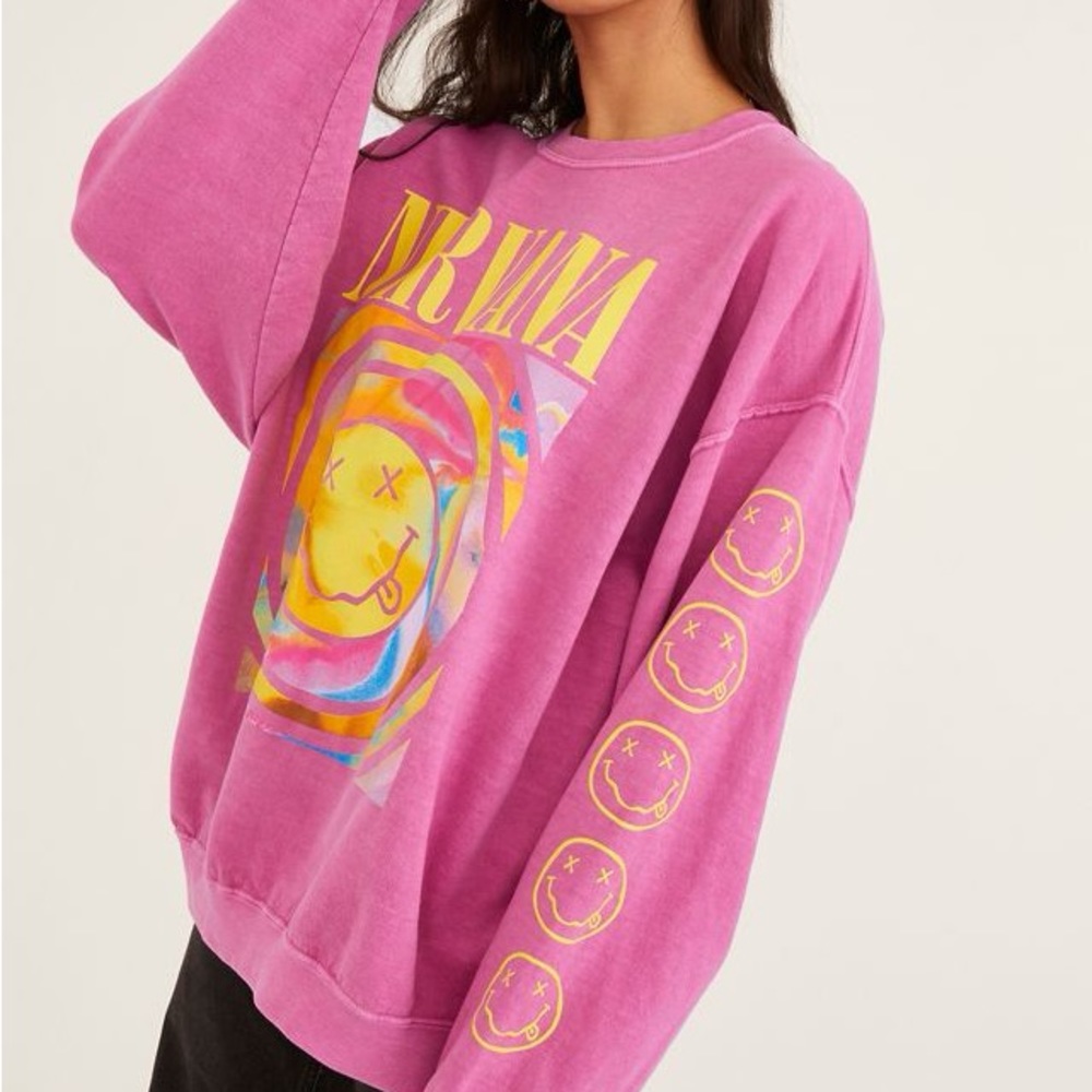 UO Nirvana Smile Overdyed Crew Neck Sweatshirt